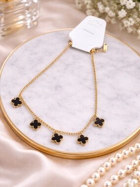 Gold tone Chain Necklace with Black Clover Charms 16-18”